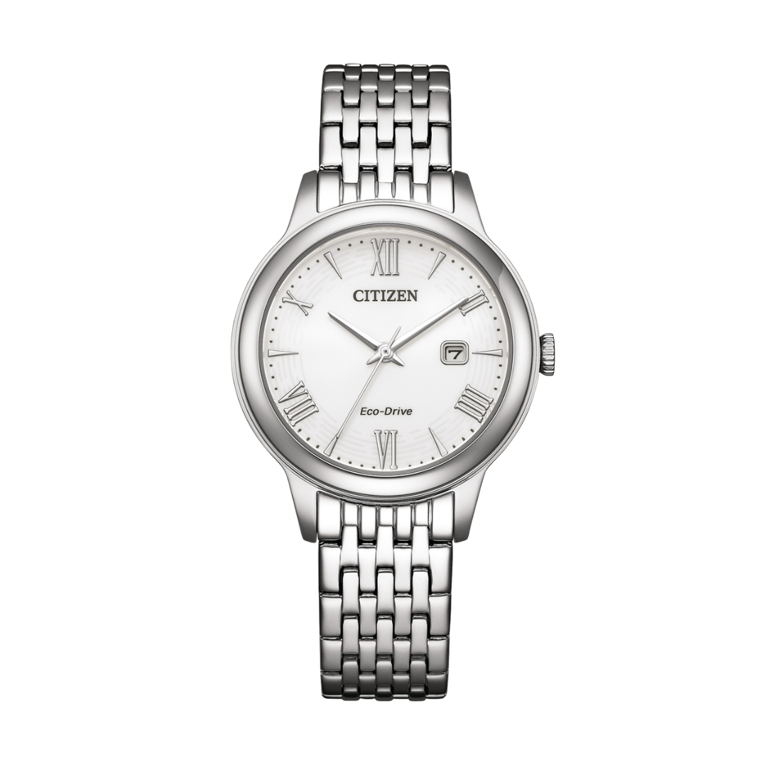 citizen eco-drive 3 hands date in silver roman numerals with white dial and silver stainless steel bracelet women watch front view