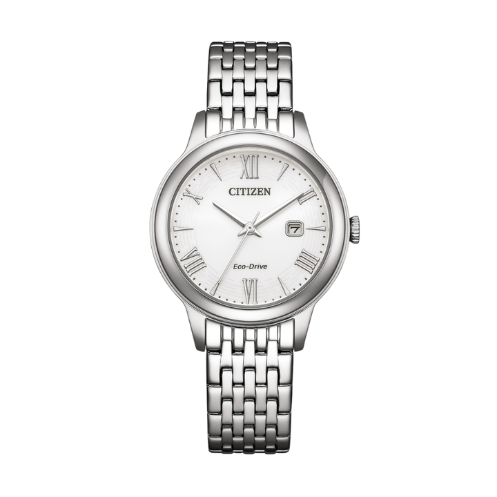 citizen eco-drive 3 hands date in silver roman numerals with white dial and silver stainless steel bracelet women watch front view