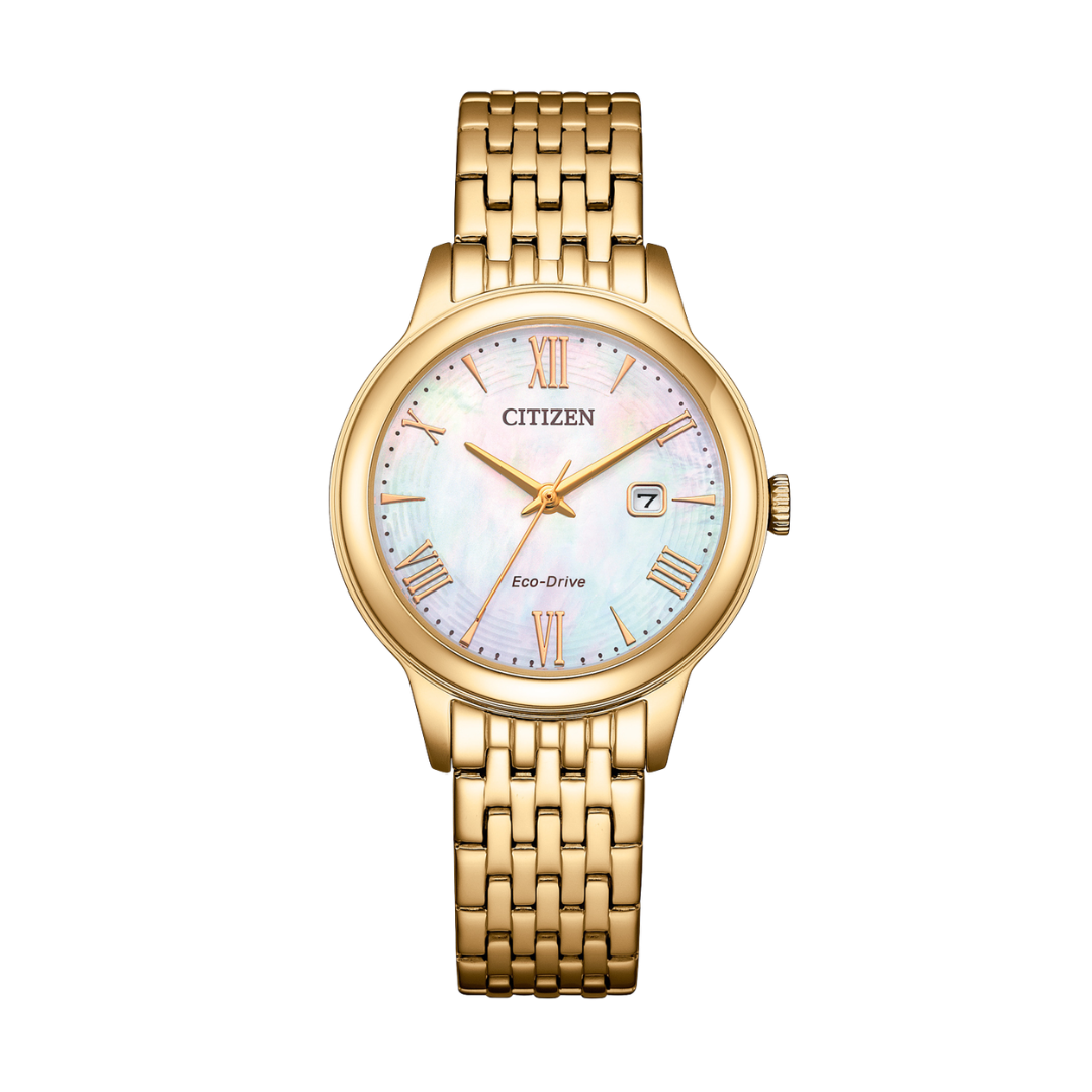 citizen eco-drive 3 hands date in mother of pearl dial and gold tone stainless steel bracelet women watch front view