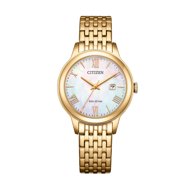 citizen eco-drive 3 hands date in mother of pearl dial and gold tone stainless steel bracelet women watch front view