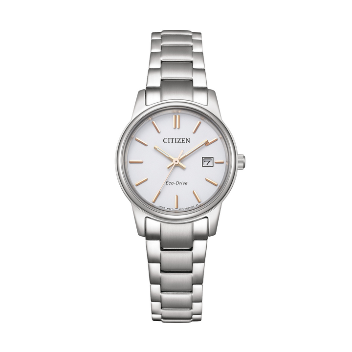 citizen eco-drive 3 hands date in white dial and silver stainless steel bracelet women watch front view