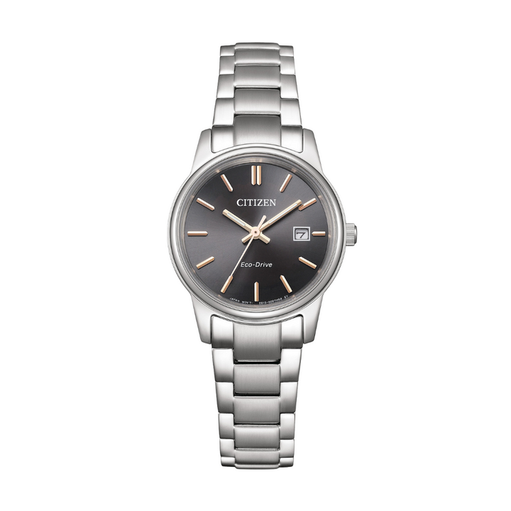 citizen eco-drive 3 hands date in black dial and silver stainless steel bracelet women watch front view