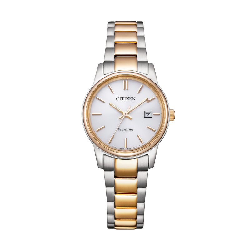 citizen eco-drive 3 hands date in white dial and two-tone stainless steel bracelet women watch front view 