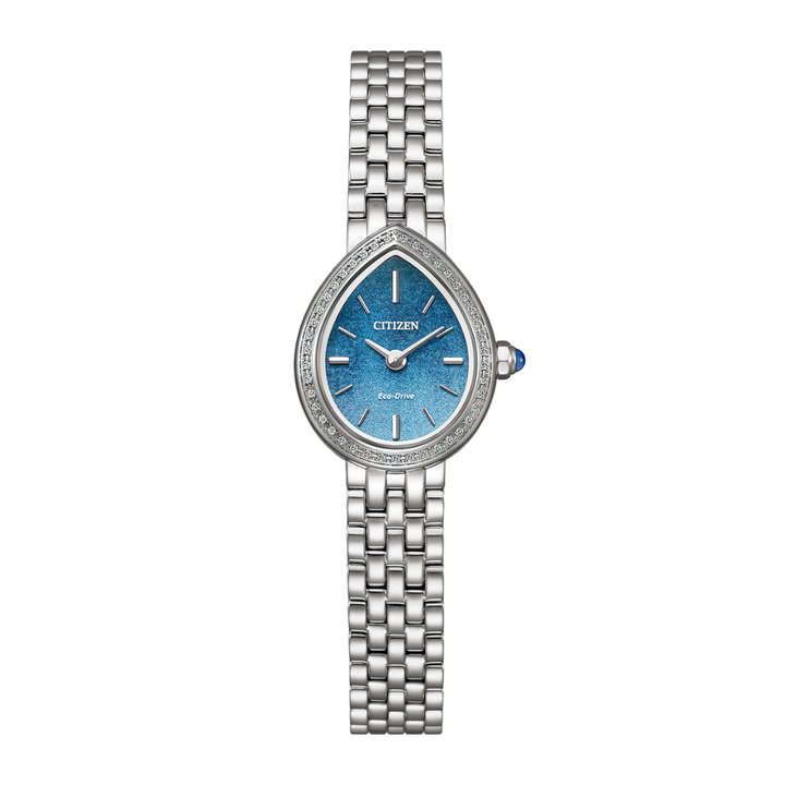 citizen eco-drive rainell limited edition collection in blue dial and raindrop shape with diamonds around the bezel in silver stainless steel strap women watch front view