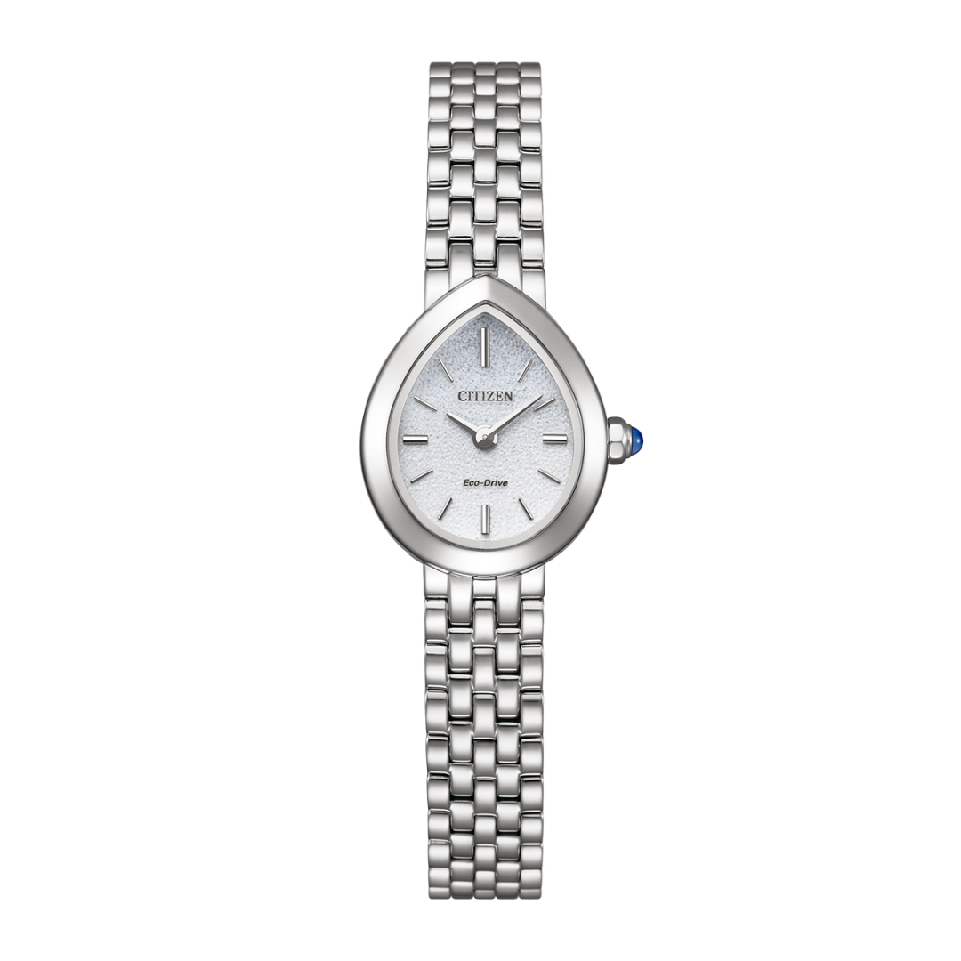 citizen eco-drive rainell collection 2 hands raindrop shape silver dial and bracelet women watch