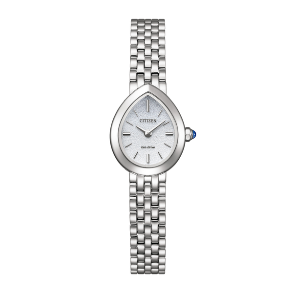 citizen eco-drive rainell collection 2 hands raindrop shape silver dial and bracelet women watch
