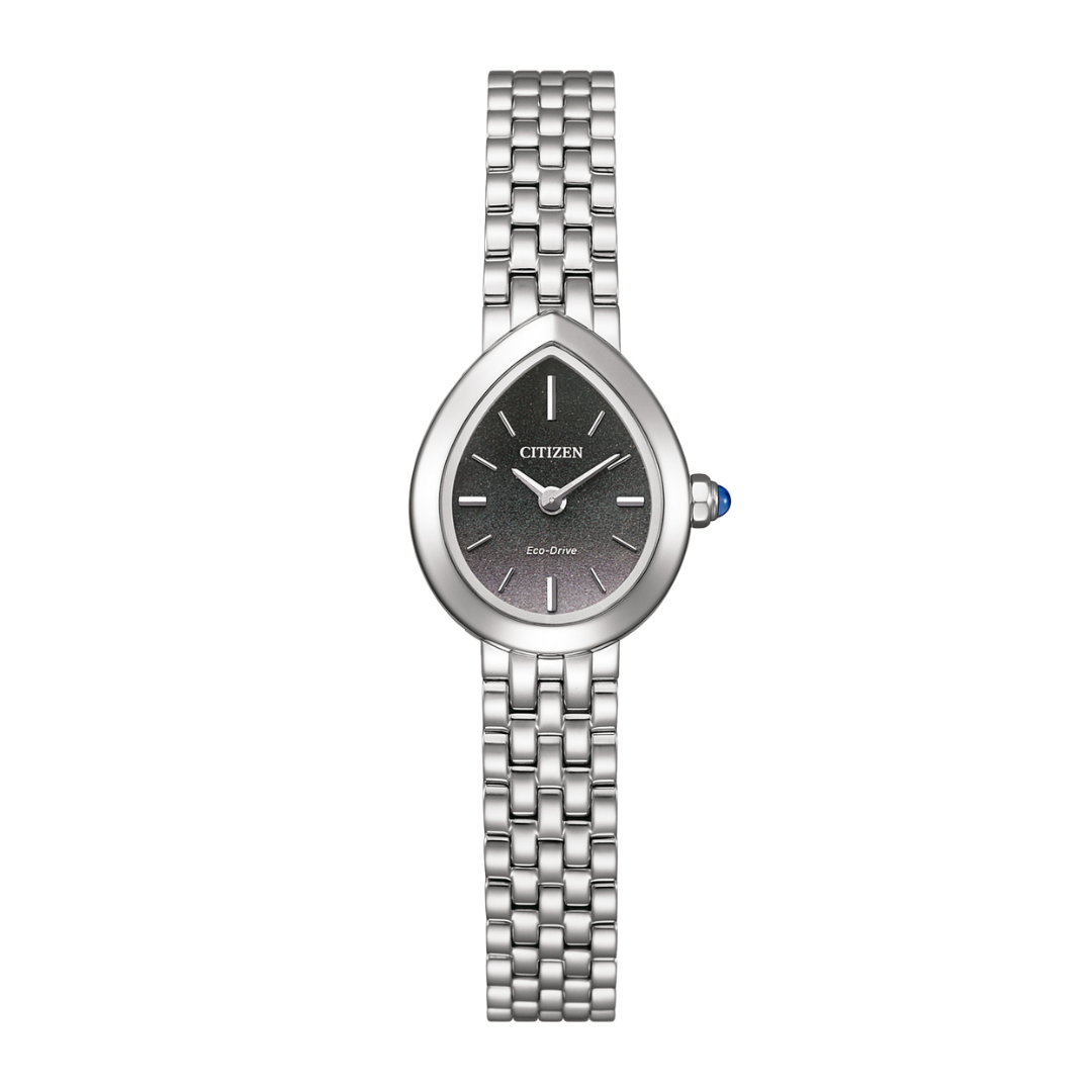 citizen eco-drive rainell collection raindrop shape in black dial and silver stainless steel strap women watch front view
