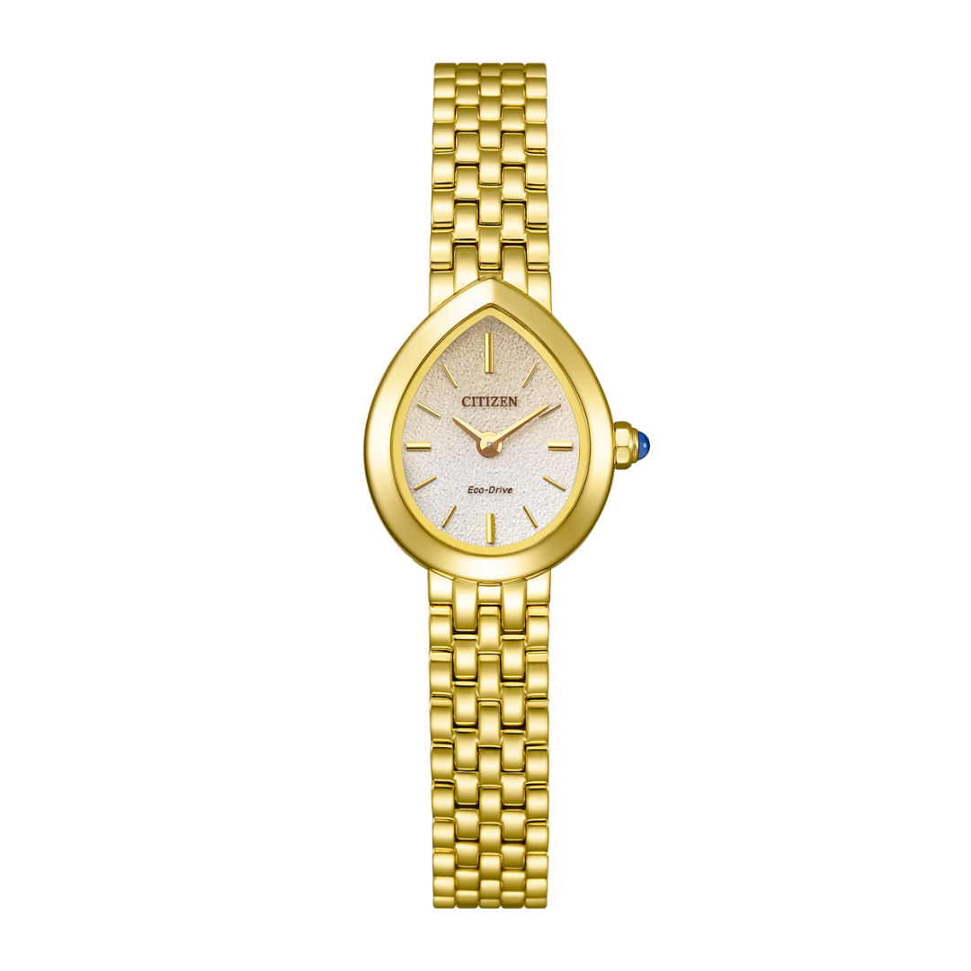 citizen eco-drive rainell collection in subtle gold dial with raindrop shape and yellow gold tone stainless steel strap women watch front view