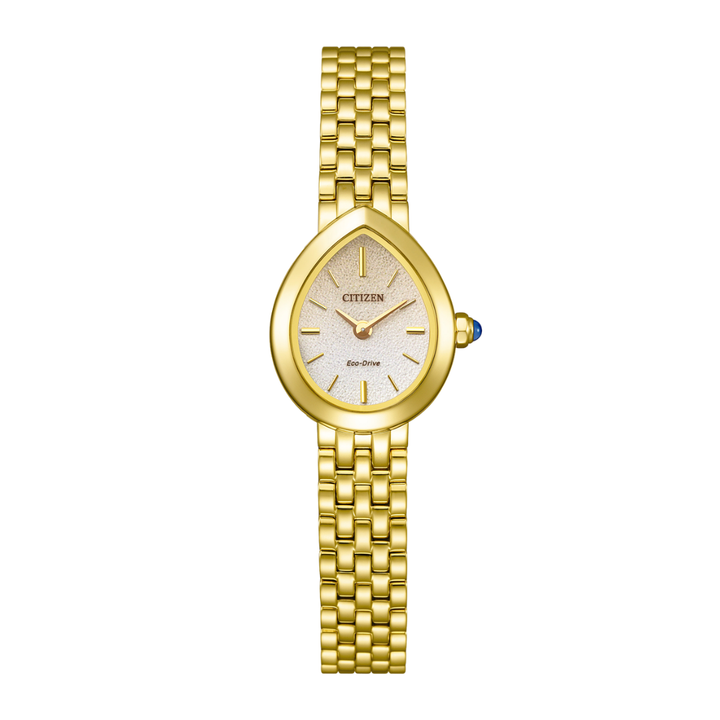 citizen eco-drive rainell collection in subtle gold dial with raindrop shape and yellow gold tone stainless steel strap women watch front view