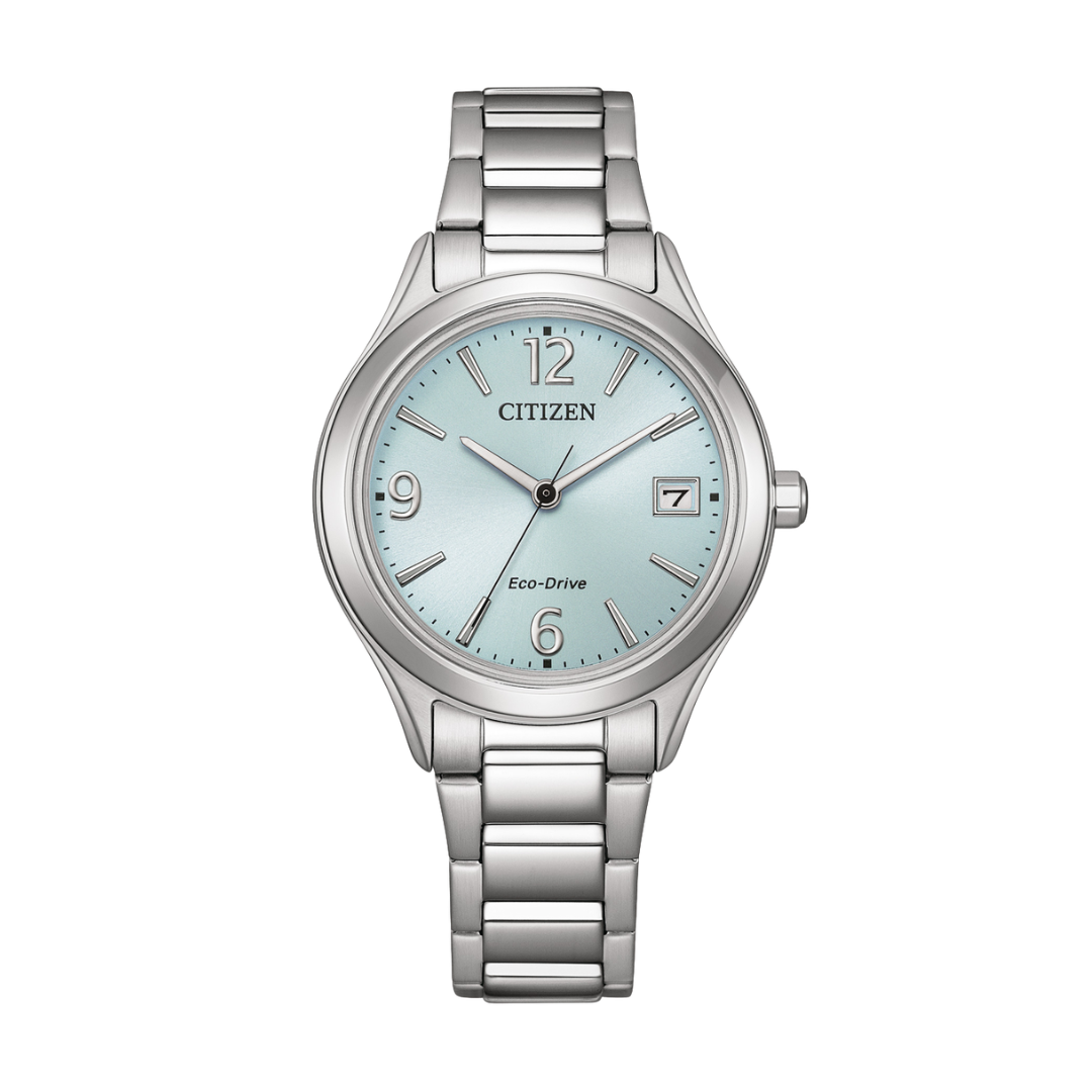 citizen eco-drive 3 hands date in light blue dial and silver stainless steel bracelet women watch front view