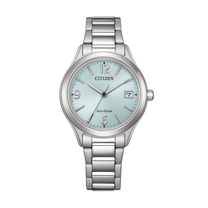 citizen eco-drive 3 hands date in light blue dial and silver stainless steel bracelet women watch front view