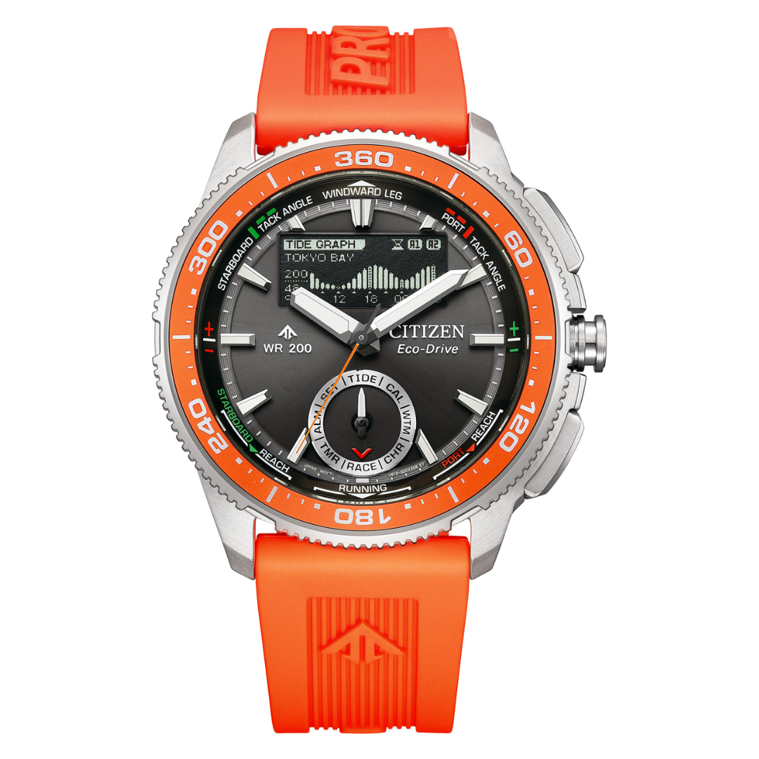 Citizen promaster eco-drive orange BENEBiOL™ strap men watch front view