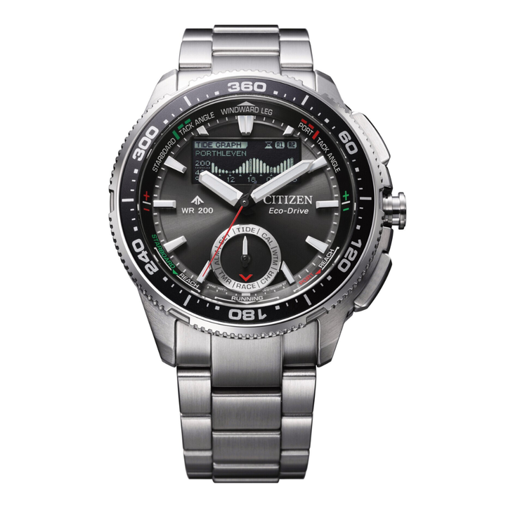 citizen promaster eco-drive black dial stainless steel men watch front view