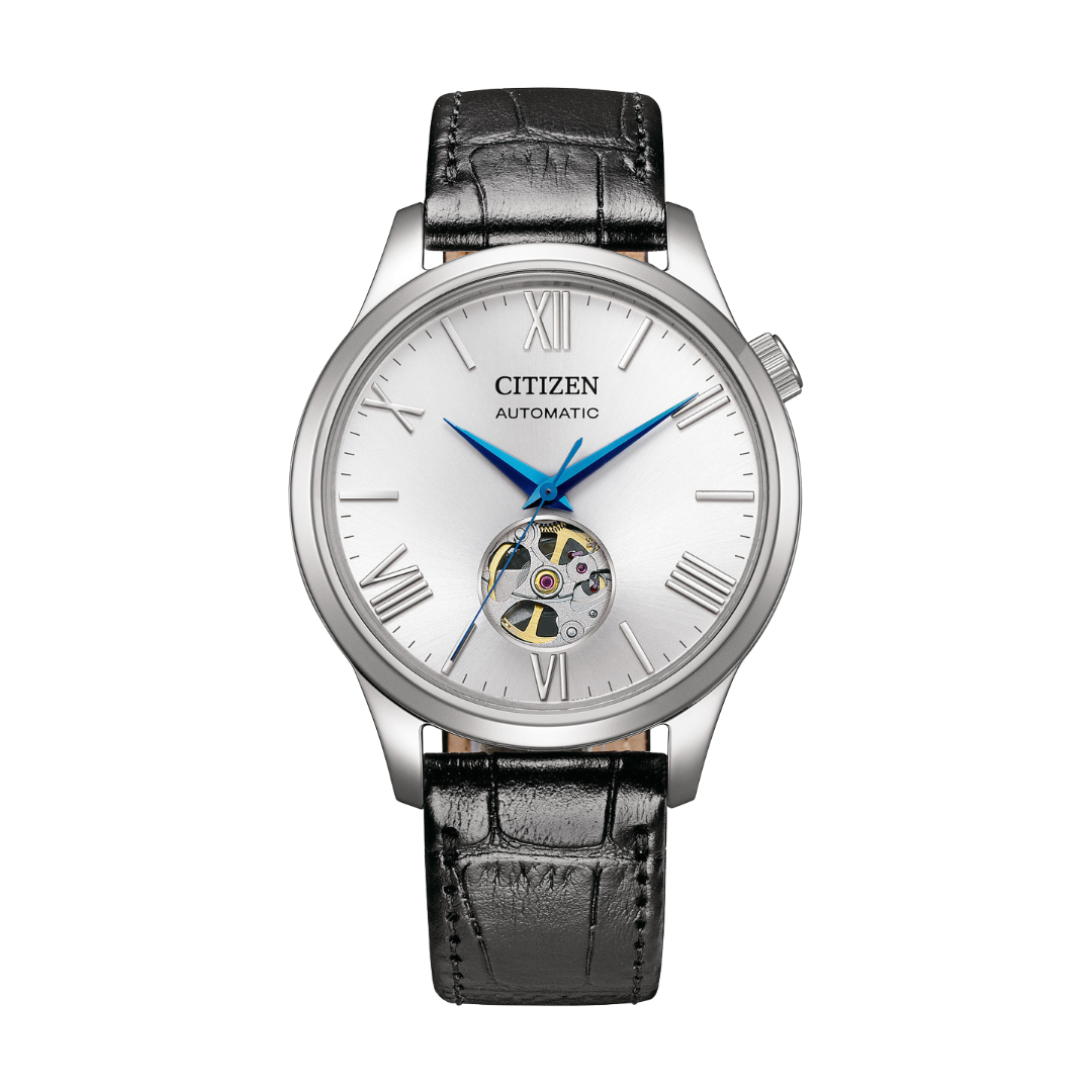 citizen mechanical 3 hands open heart in silver white dial and black leather strap men watch front view