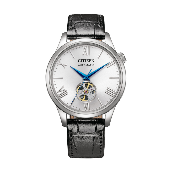 citizen mechanical 3 hands open heart in silver white dial and black leather strap men watch front view
