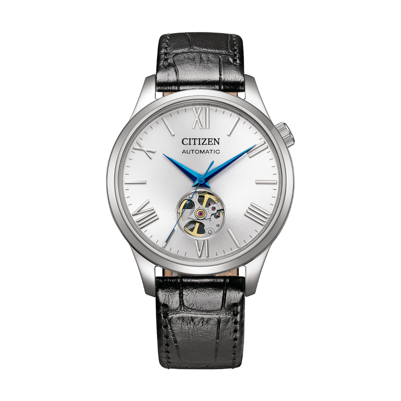 citizen mechanical 3 hands open heart in silver white dial and black leather strap men watch front view