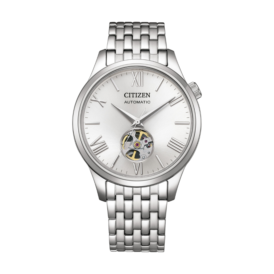 citizen mechanical 3 hands open heart in silver dial and silver stainless steel bracelet men watch front view