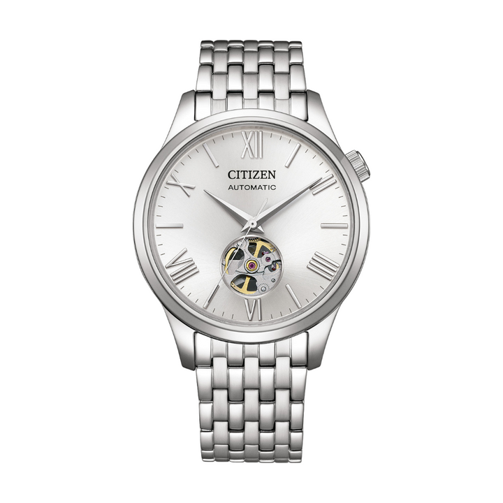 citizen mechanical 3 hands open heart in silver dial and silver stainless steel bracelet men watch front view