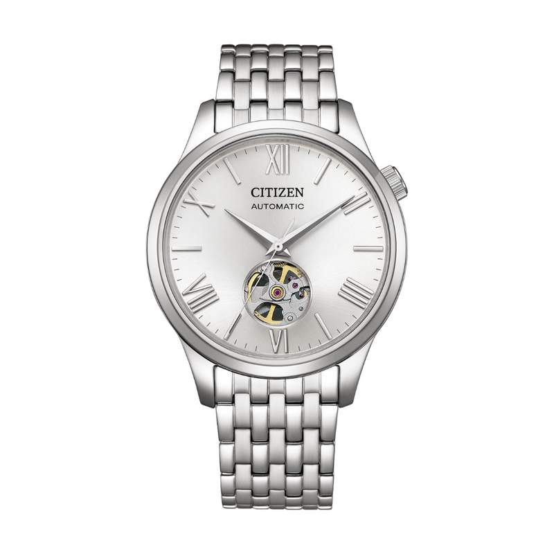 citizen mechanical 3 hands open heart in silver dial and silver stainless steel bracelet men watch front view