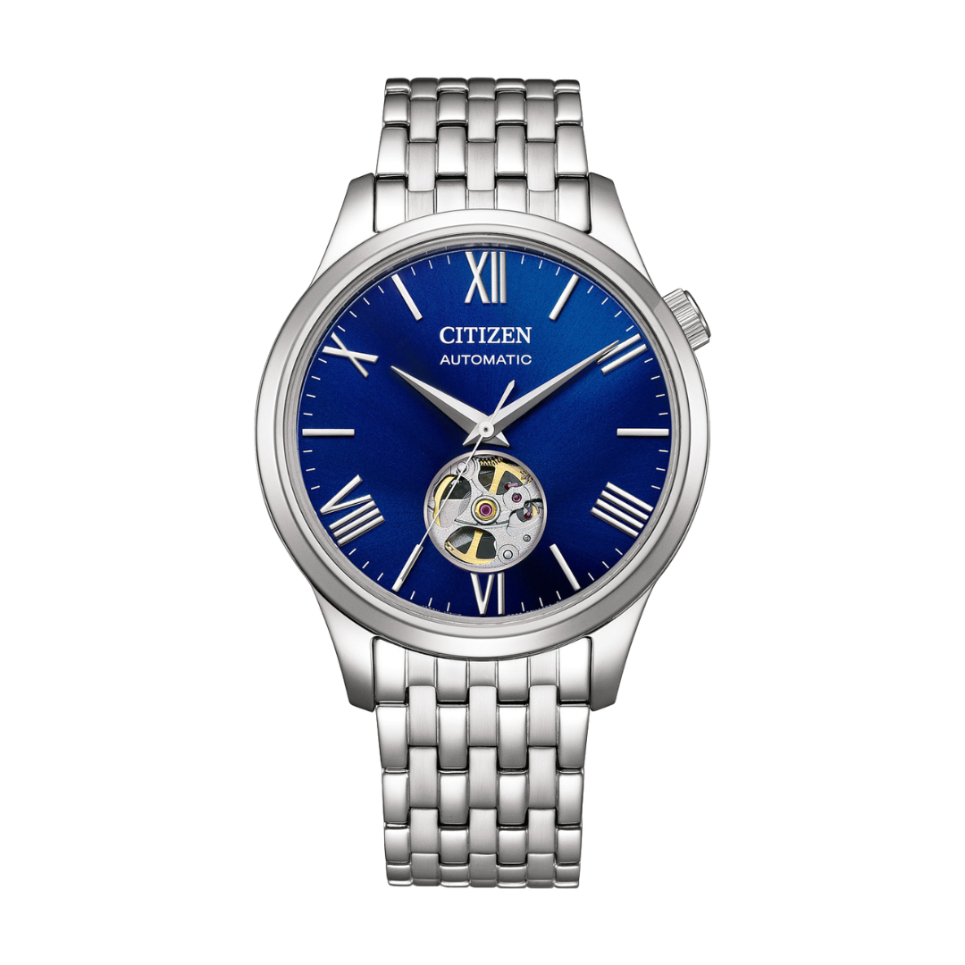 citizen mechanical 3 hands open heart in blue dial and silver stainless steel bracelet men watch front view