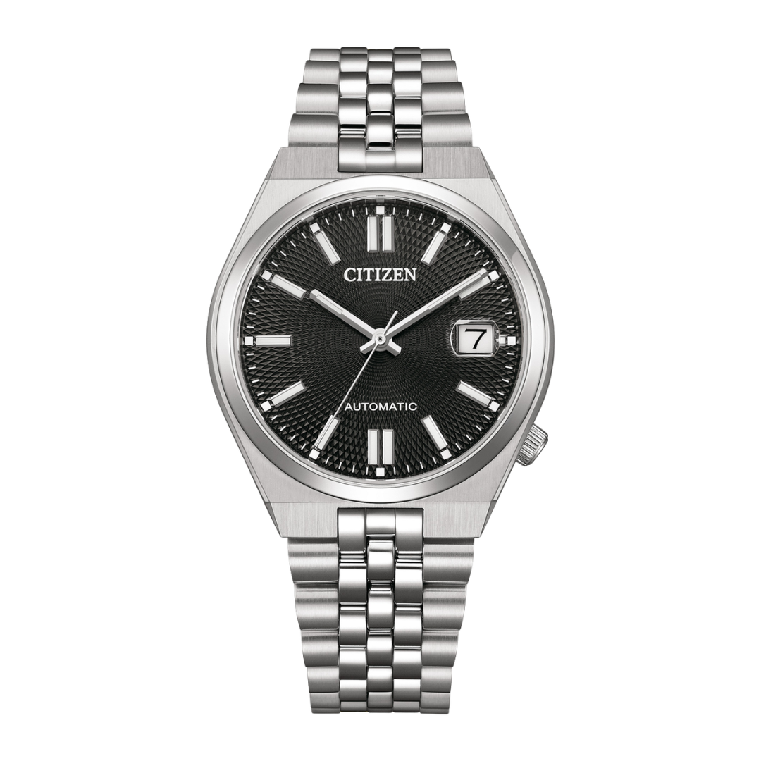 citizen tsuyosa 3 hands date mechanical black dial and silver stainless steel strap men watch front view