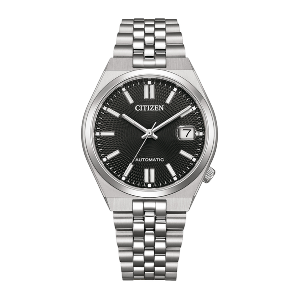 citizen tsuyosa 3 hands date mechanical black dial and silver stainless steel strap men watch front view