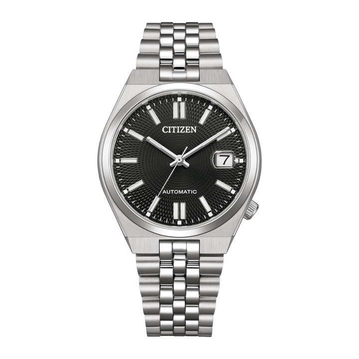 citizen tsuyosa 3 hands date mechanical black dial and silver stainless steel strap men watch front view