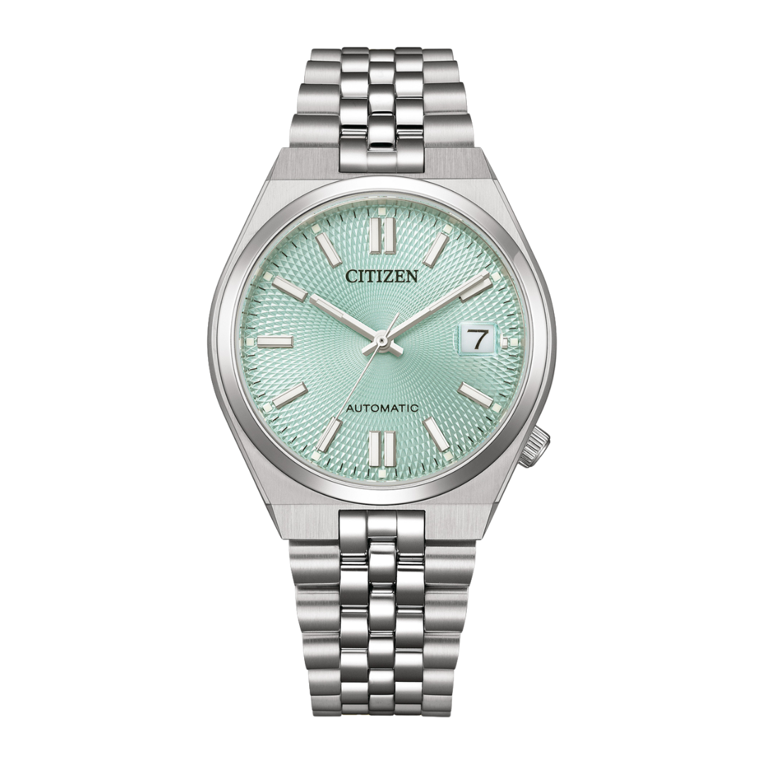 citizen tsuyosa mechanical 3 hands date in green dial and stainless steel bracelet men watch front view