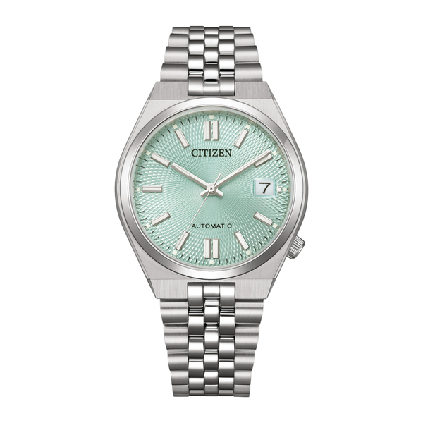 citizen tsuyosa mechanical 3 hands date in green dial and stainless steel bracelet men watch front view