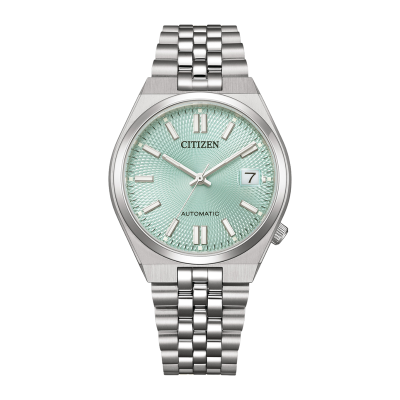 citizen tsuyosa mechanical 3 hands date in green dial and stainless steel bracelet men watch front view
