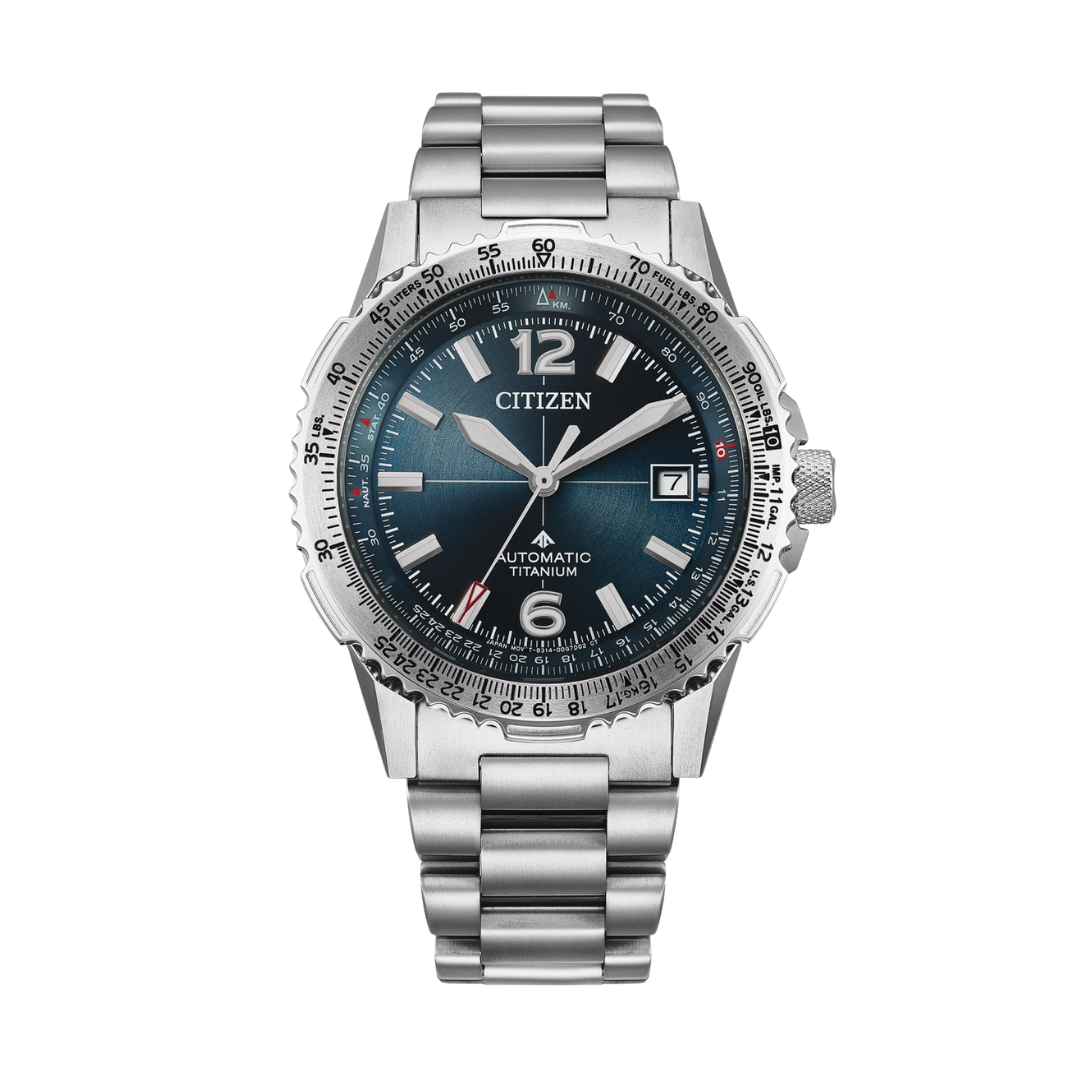 ctizen promaster sky navihawk 3 hands mechanical automatic date display in sunray blue dial and silver super titanium  bracelet men watch front view