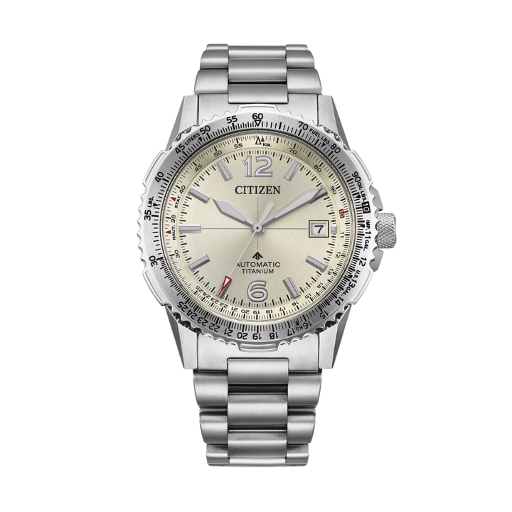 citizen promaster sky navihawk in 3 hands date in champagne dial and silver super titanium bracelet mechanical automatic men watch front view