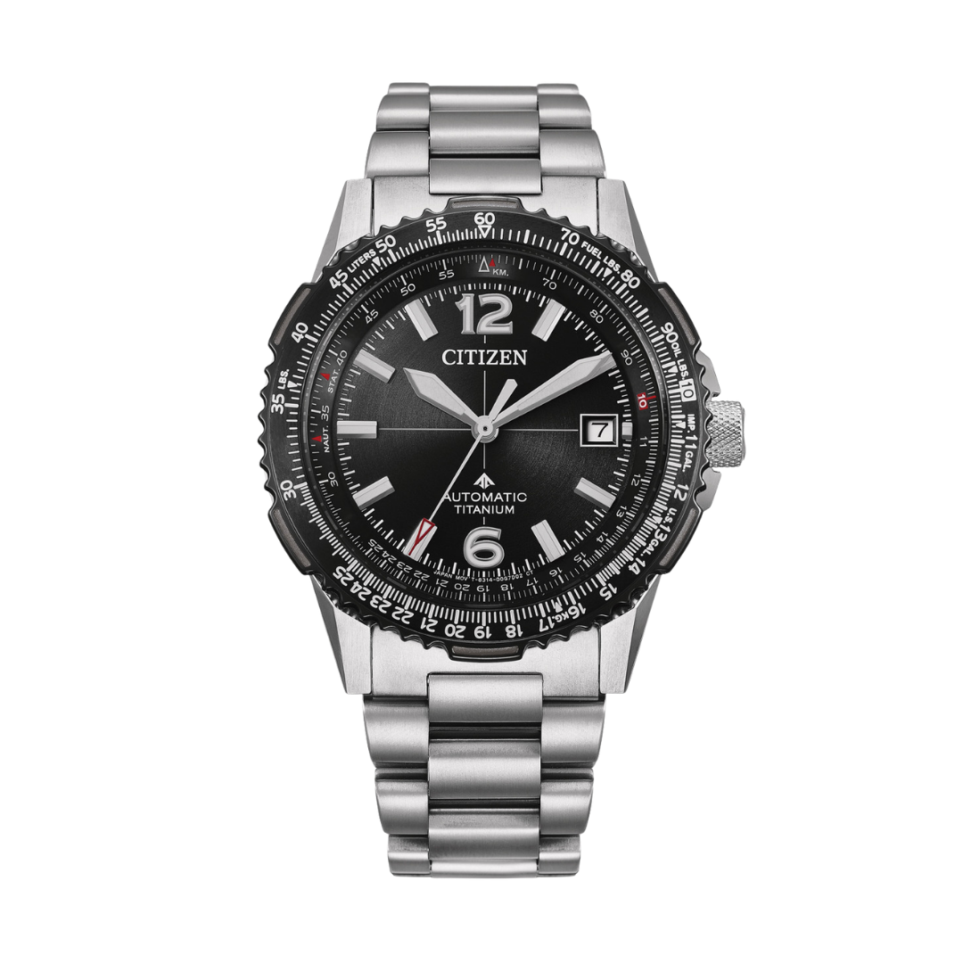 citizen promaster sky navihawk 3 hands date in black dial and silver super titanium bracelet mechanical and automatic men watch front view