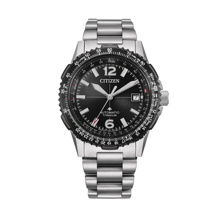 citizen promaster sky navihawk 3 hands date in black dial and silver super titanium bracelet mechanical and automatic men watch front view