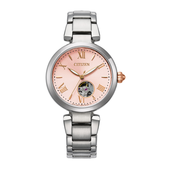 citizen mechanical open heart pink dial stainless steel bracelet women watch front view