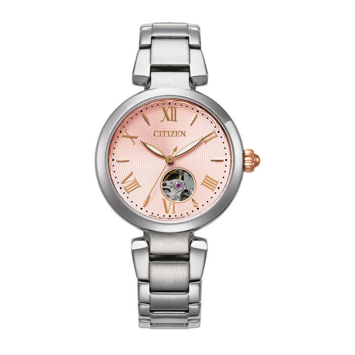 citizen mechanical open heart pink dial stainless steel bracelet women watch front view