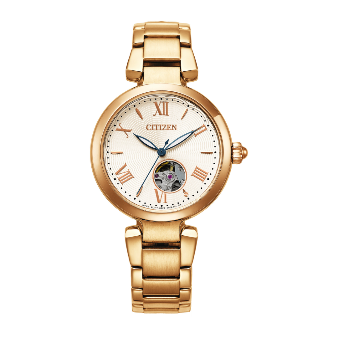 citizen mechanical gold tone stainless steel women watch front view