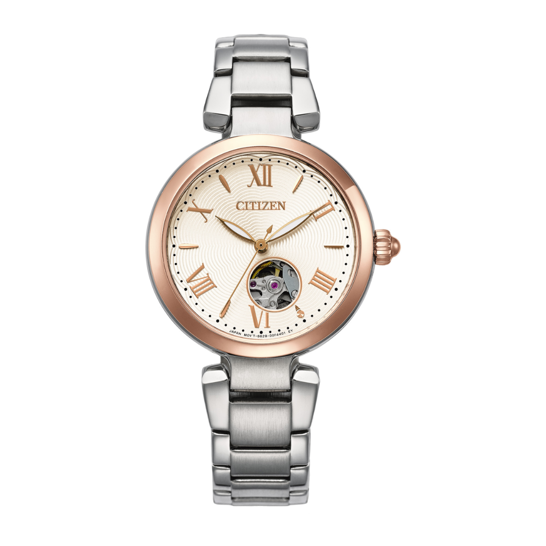 citizen mechanical rose gold case and silver stainless steel bracelet women watch front view