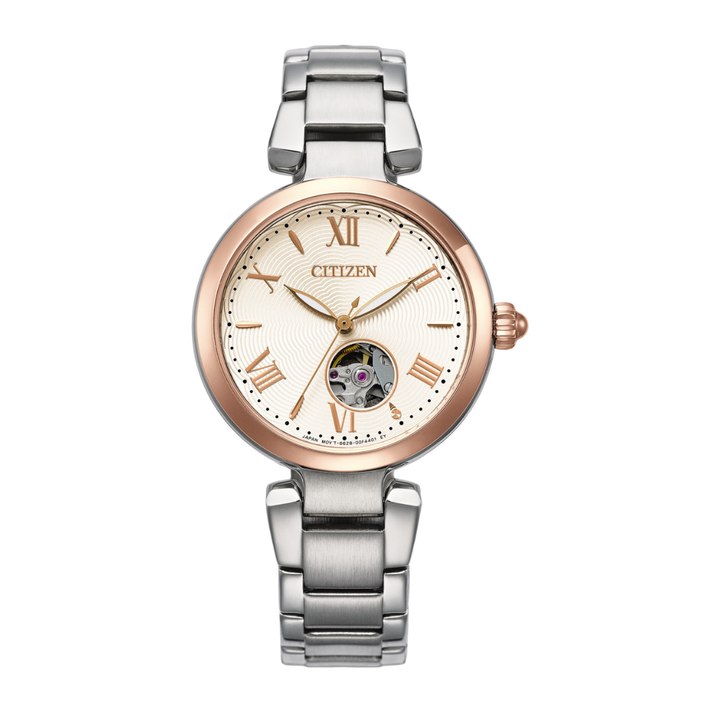citizen mechanical rose gold case and silver stainless steel bracelet women watch front view