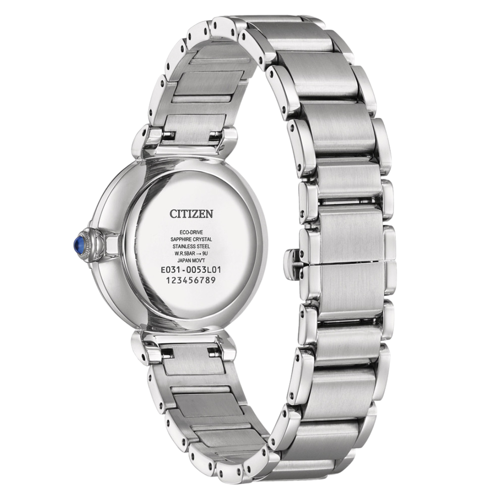 Citizen L EM1070-83L Eco-Drive case back showing solar technology and specifications