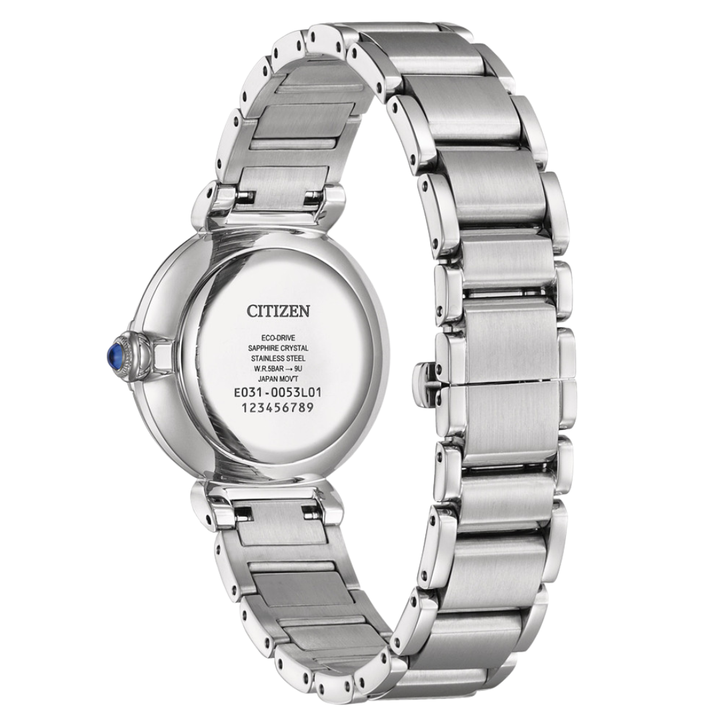 Citizen L EM1070-83L Eco-Drive case back showing solar technology and specifications