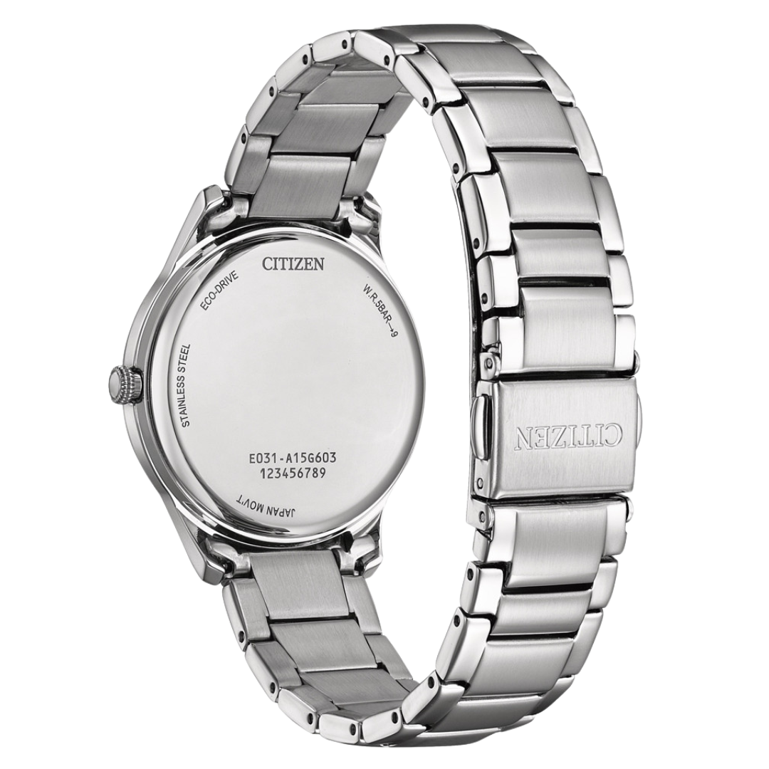 Citizen EM1220-58Y Eco-Drive case back showing engraving and specifications 50M water resistant