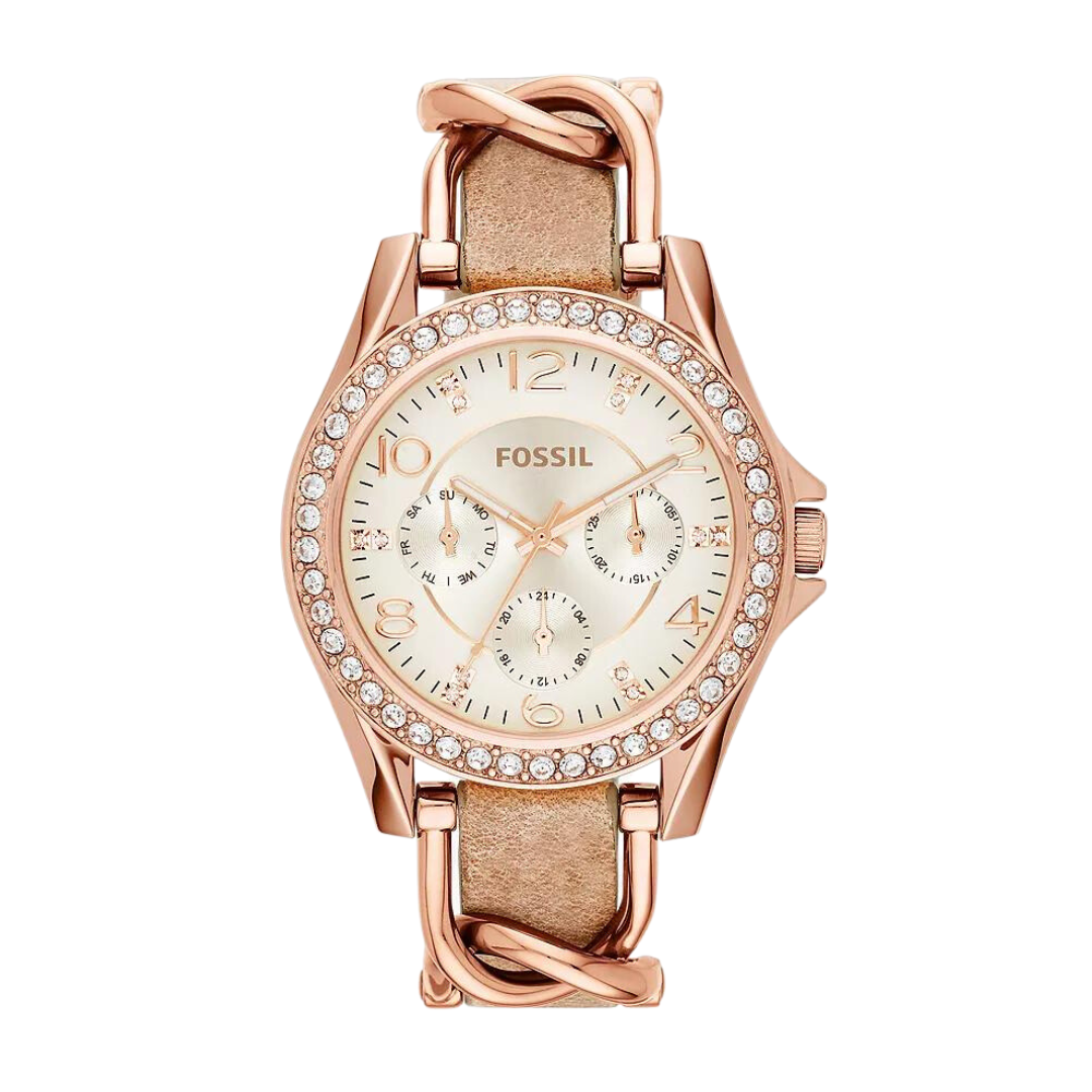 FOSSIL ES3466 RILEY MULTIFUNCTION ROSE-TONE & SAND LEATHER WOMEN WATCH