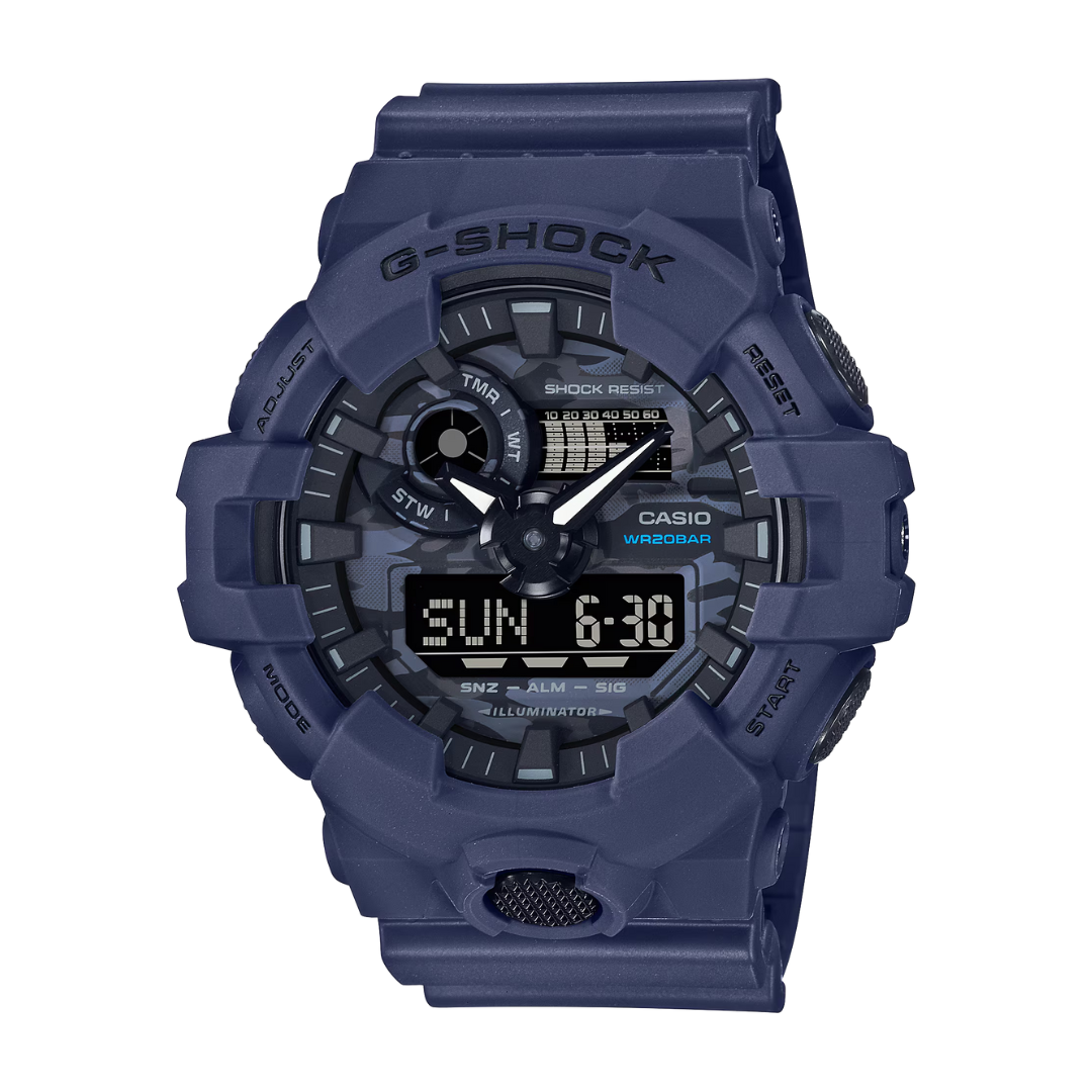 Casio G-Shock GA-700CA-2ADR blue case camouflage dial 5-year battery shock resistant 200m