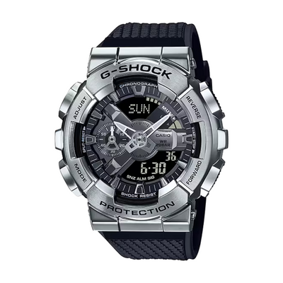 Casio G-Shock GM-110-1ADR silver steel bezel black resin 3-year battery shock resistant 200m