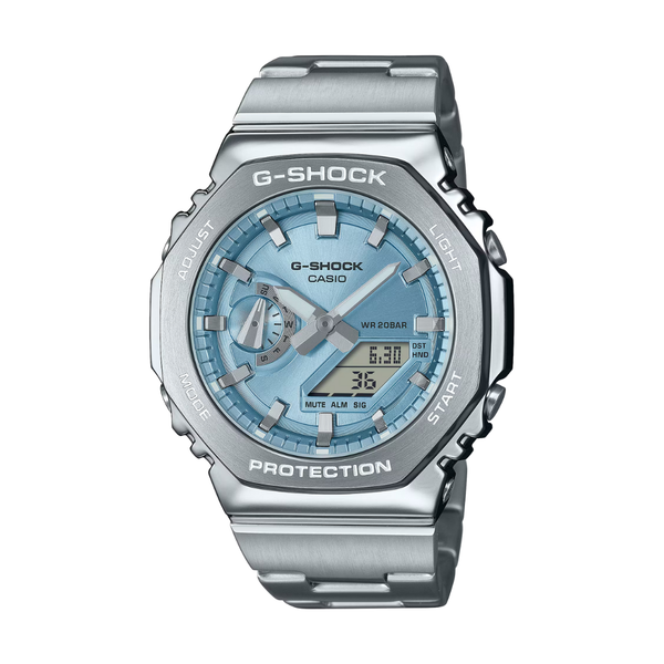 Casio G-Shock G-Steel GM-2110D men's watch with sky blue dial and stainless steel band