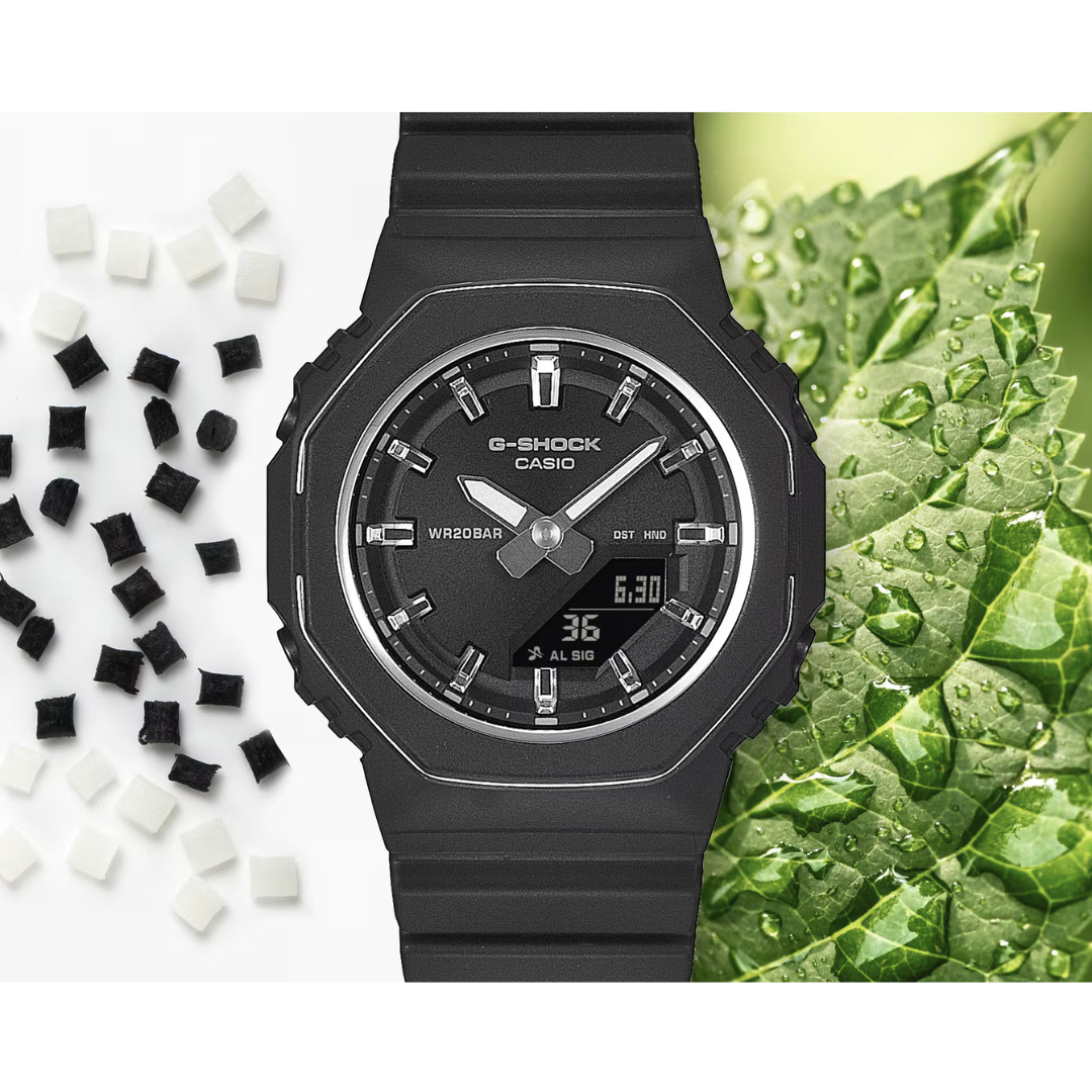 Casio GMA-P2110 black bio-resin watch showing eco-friendly sustainable design