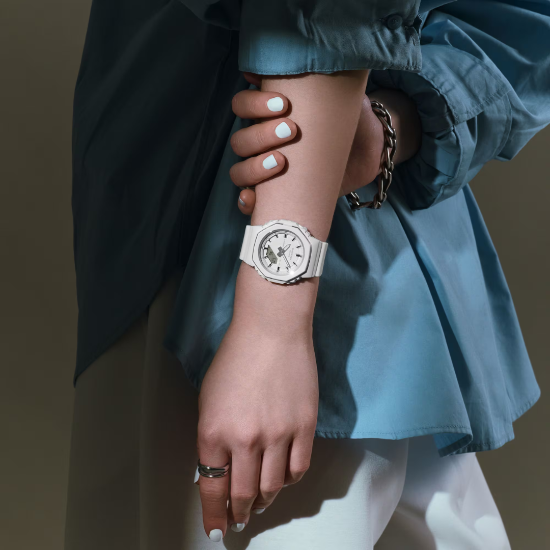 G-Shock GMA-P2110 women's watch close-up showing analog-digital dual display