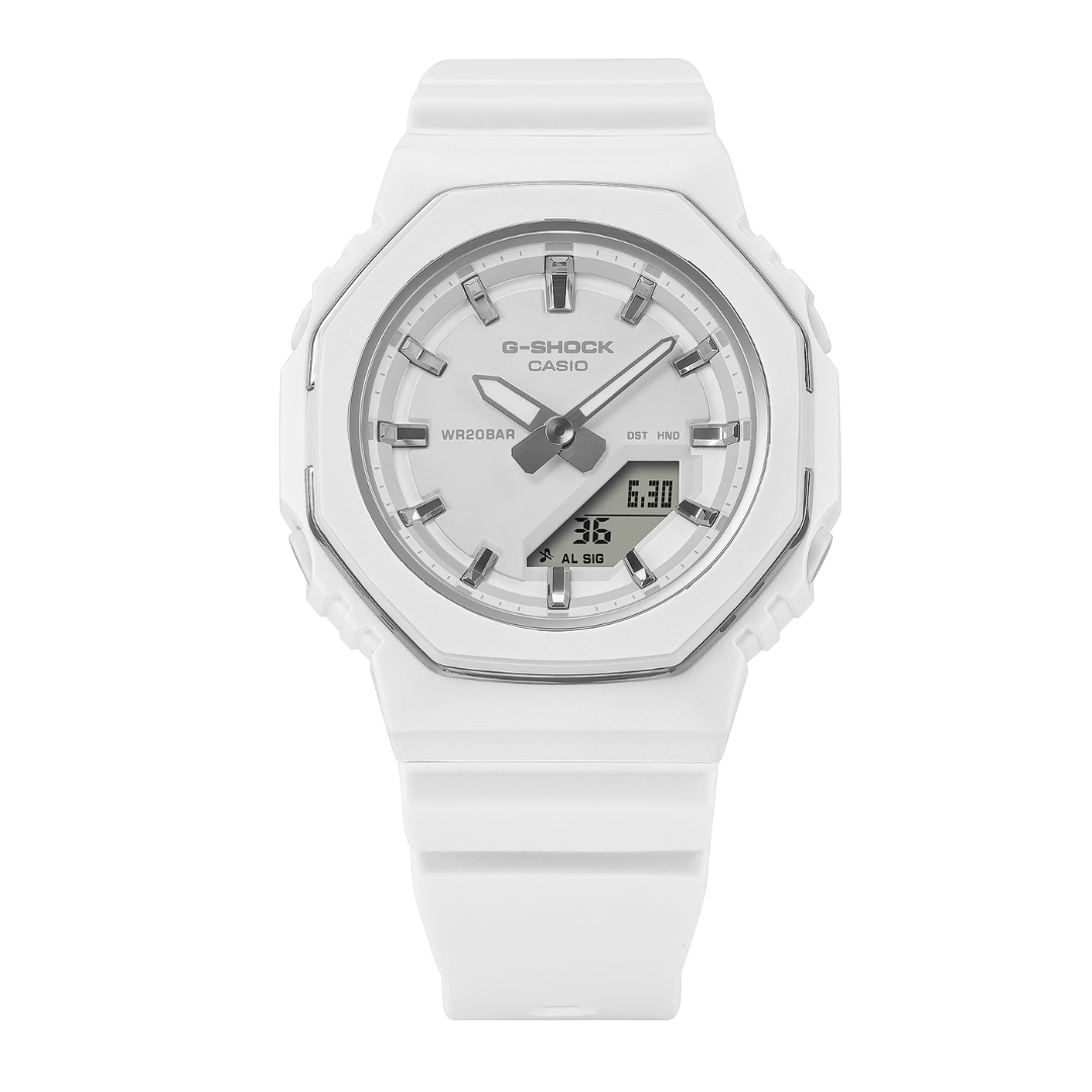 Casio GMA-P2110 white women's watch side view with compact case and slim bezel