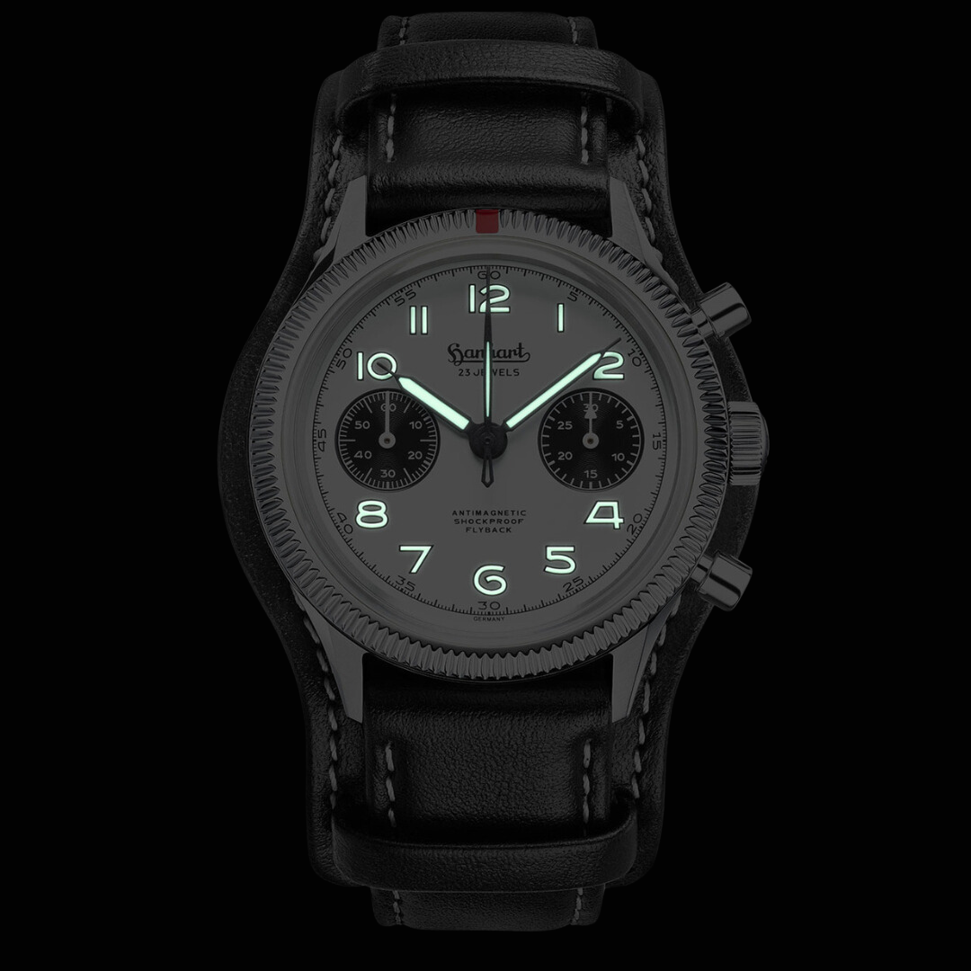HANHART 417 ES 1954 FLYBACK PANDA 39 PIONEER H701.201-7010 CHRONOGRAPH LEATHER MEN WATCH